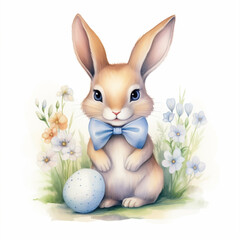 Easter Bunny with decorated eggs and flowers, cute character, isolated on white background. Watercolor illustration	
