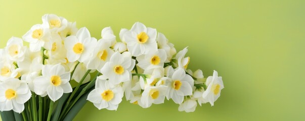 Bouquet of white narcissus on a lime colored backdrop isolated pastel background 