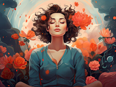 Ilustración estilo realismo de mujer meditando escuchando mindfulness para aliviar estrés y ansiedades 