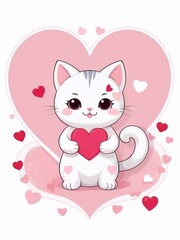 Cute Happy Valentines Day holiday art, greeting card design with a kawaii cartoon cat in love with heart, hearts backgroung. Cute valentine cat in love with valentines hearts design