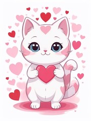 Obraz na płótnie Canvas Cute Happy Valentines Day holiday art, greeting card design with a kawaii cartoon cat in love with heart, hearts backgroung. Cute valentine cat in love with valentines hearts design
