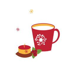 The with Christmas tree with landscape, cup, candles, snowflakes. Winter illustration for fabric, textile wallpaper, posters, gift wrapping paper. Merry Christmas and New year Vector