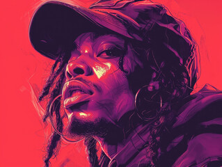 Ilustración colorida acuarela oscura de cantante urbano afroamericano, rap, hip hop
