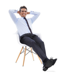 Business man, chair and relaxing in portrait, studio and smiling for career pride by white background. Male professional, face and happy for job opportunity, entrepreneur and confident for startup