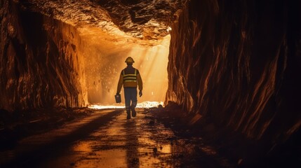 Middle aged male worker walking away from the camera down a long mine shaft with diminishing perspective. - obrazy, fototapety, plakaty