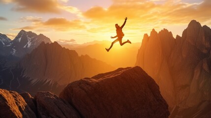 Man jumping over precipice between two rocky mountains at sunset. Freedom, risk, challenge, success. - obrazy, fototapety, plakaty