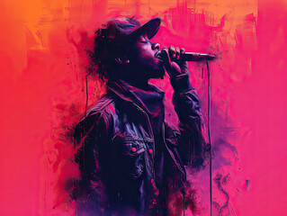 Obraz na płótnie Canvas Ilustración colorida acuarela oscura de cantante urbano afroamericano, rap, hip hop