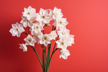 Bouquet of white narcissus on a ruby colored backdrop isolated pastel background 