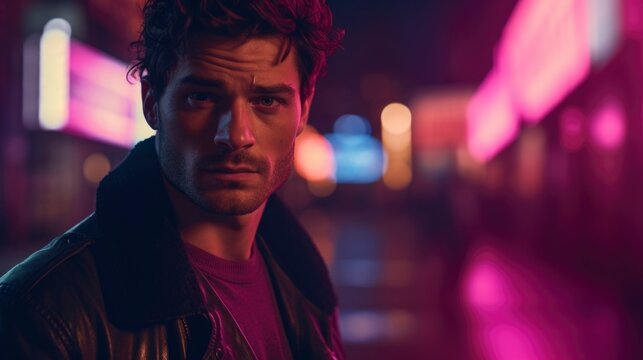 Close up photo of man in the city at night with blue and violet neon lighting