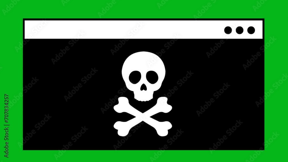 Poster video animation icon skull crossbones head terminal cmd software, in concept malware software virus 