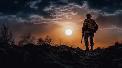 soldier against the backdrop of the full moon. military war with gun weapon participating and preparing to attack - obrazy, fototapety, plakaty