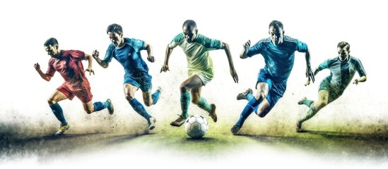 Soccer players run a game and kick soccer ball. European football competition match between players in green and blue uniforms. Professional league match.