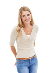 Fototapeta premium Woman, portrait or happy and fashion in studio with calm expression, positivity and smile. Model, person and confidence or pride with casual outfit, trendy clothes or mockup space on white background