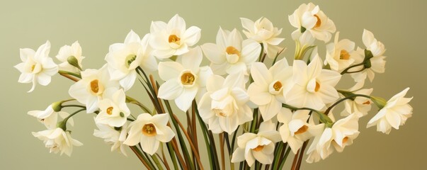 Bouquet of white narcissus on a tan colored backdrop isolated pastel background 