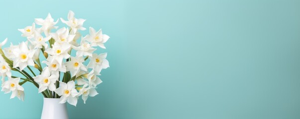 Bouquet of white narcissus on a turquoise colored backdrop isolated pastel background  - obrazy, fototapety, plakaty