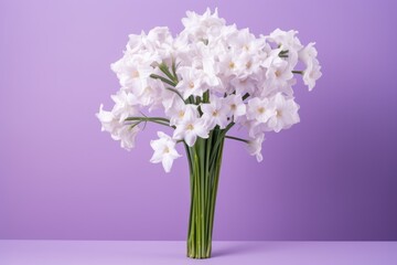 Bouquet of white narcissus on an amethyst colored backdrop isolated pastel background 