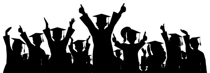 Happy crowd of graduates children in square academic caps. Cheerful people silhouette. Graduation ceremony. Vector  illustration. - obrazy, fototapety, plakaty