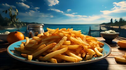 Top View of Fried French Fries Spread and...

