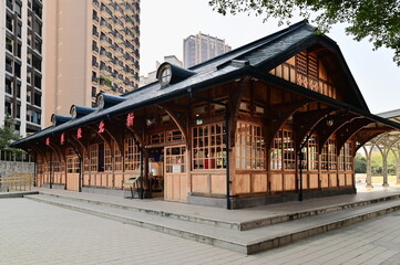 Taipei, Taiwan - Jan 12, 2024: New Beitou Station, a century-old railway station with a wooden structure, stands as an enduring symbol of historical elegance and architectural heritage.