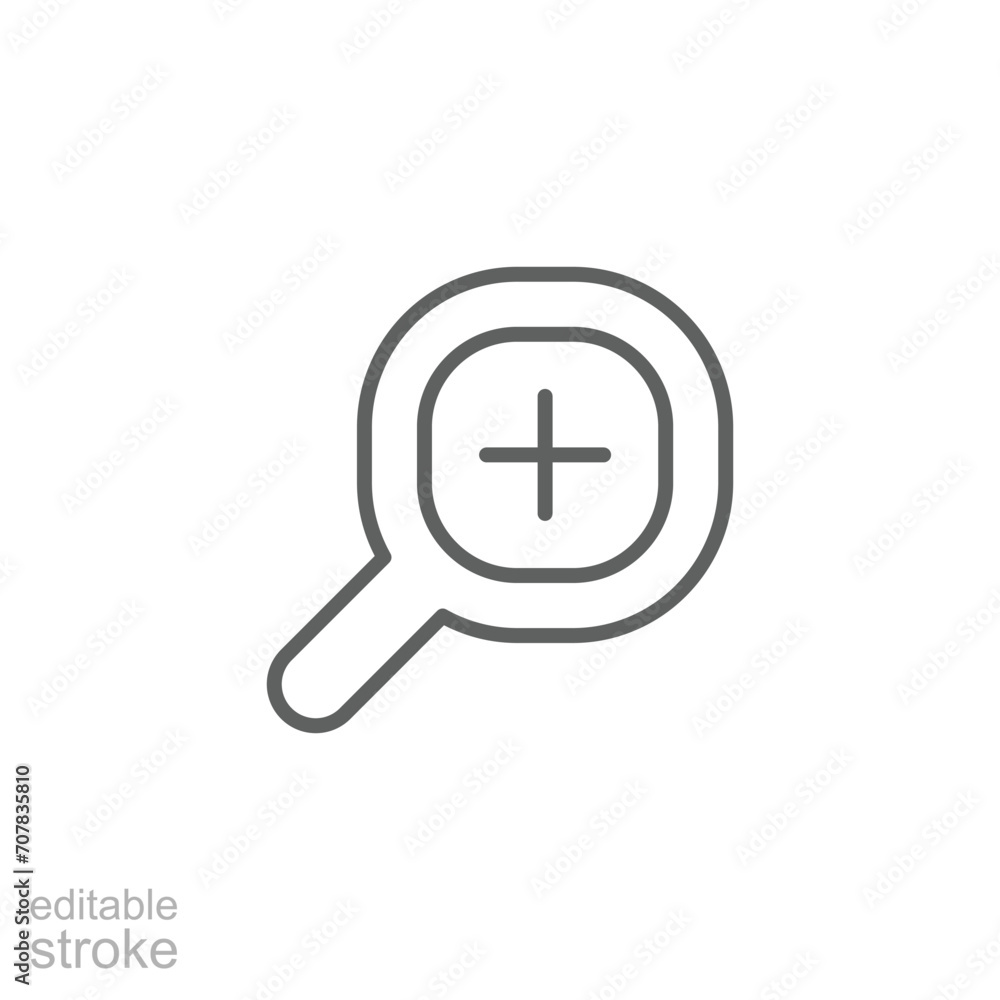Poster zoom icon. simple outline style. magnify glass with add sign, find, focus, plus, positive, enlarge c