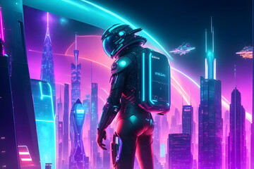 soldier with weapon in the futuristic city, 3d rendering and digital painting, on generative AI 