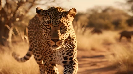 Foto op Plexiglas A leopard runs in the savannah. © Галя Дорожинська