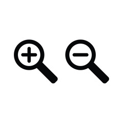 Zoom in and zoom out icons. Simple flat, solid style. Magnifying glass, find, plus, minus, search concept. Black silhouette, glyph symbol. Vector isolated on transparent background. SVG.