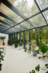 interior photo of modern empty conference room with office table and green live plants in pots