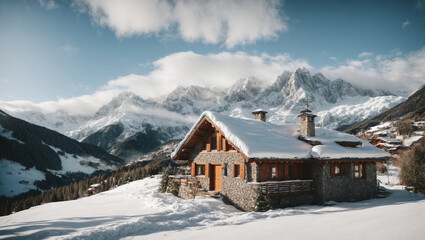 Fototapeta na wymiar A magical alpine vacation with a charming cottage located in a snow-covered valley. generative AI