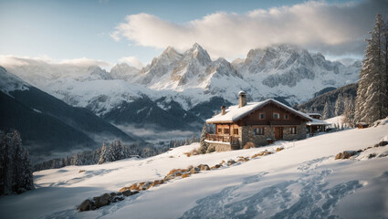 A magical alpine vacation with a charming cottage located in a snow-covered valley. generative AI
