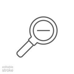 Zoom out icon. Simple outline style. Magnifying glass, find, minus, reduce, minimize, search concept. Thin line symbol. Vector isolated on transparent background. Editable stroke SVG.