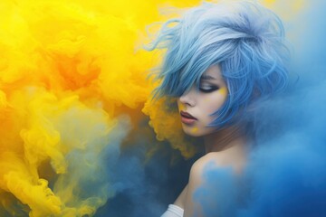 Short haired girl covered with smoke bombs in yellow and blue, photographic art