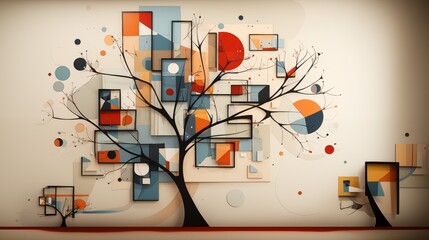 Abstract tree in Bauhaus, Neo Memphis, Dadaism, Cubism, Surrealism, Collage, Minimal style. Tree, decoration art background. Abstract geometric illustration background. Templates for designs.