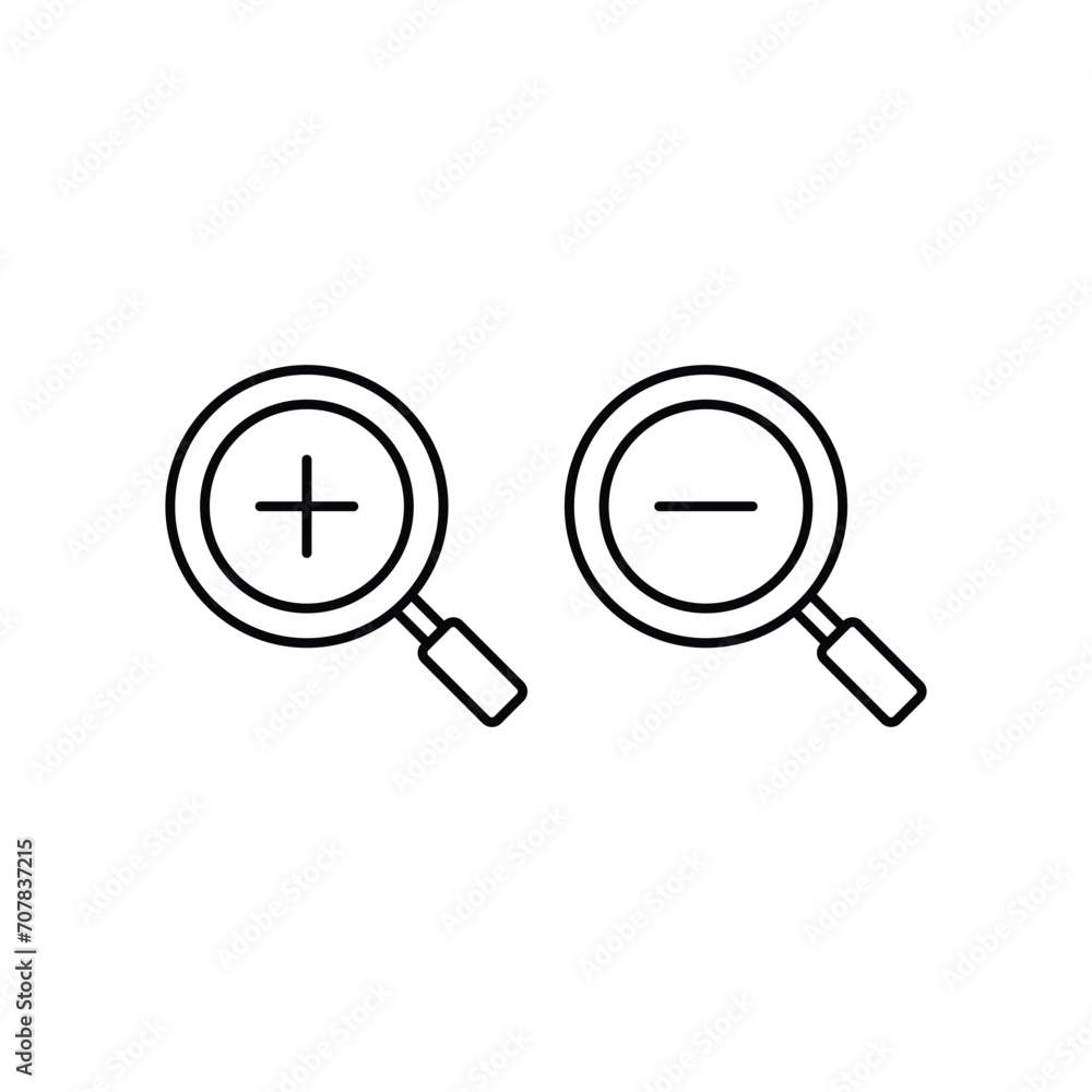 Poster zoom in and zoom out icons. simple outline style. magnifying glass, find, plus, minus, enlarge, redu