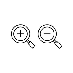 Zoom in and zoom out icons. Simple outline style. Magnifying glass, find, plus, minus, enlarge, reduce, search concept. Thin line symbol. Vector isolated on transparent background. SVG.