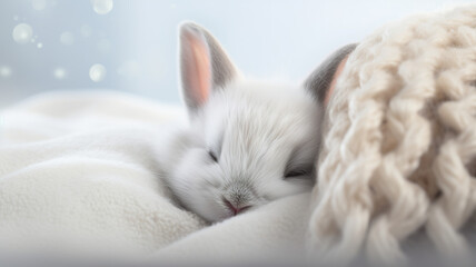 Heartwarming scene of a sleeping rabbit peacefully resting in a warm soft blanket. Generative AI