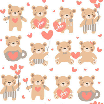 Seamless pattern with  cute Baby bear.  Hand drawn vector illustrations