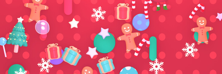 3d rendered cartoon gingerbread man and various Christmas ornaments pattern.