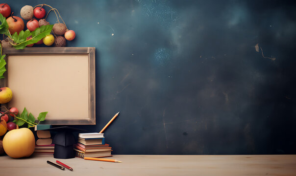 Chalkboard background back to school theme concept, with little ornament on under chalkboard AI Image generative