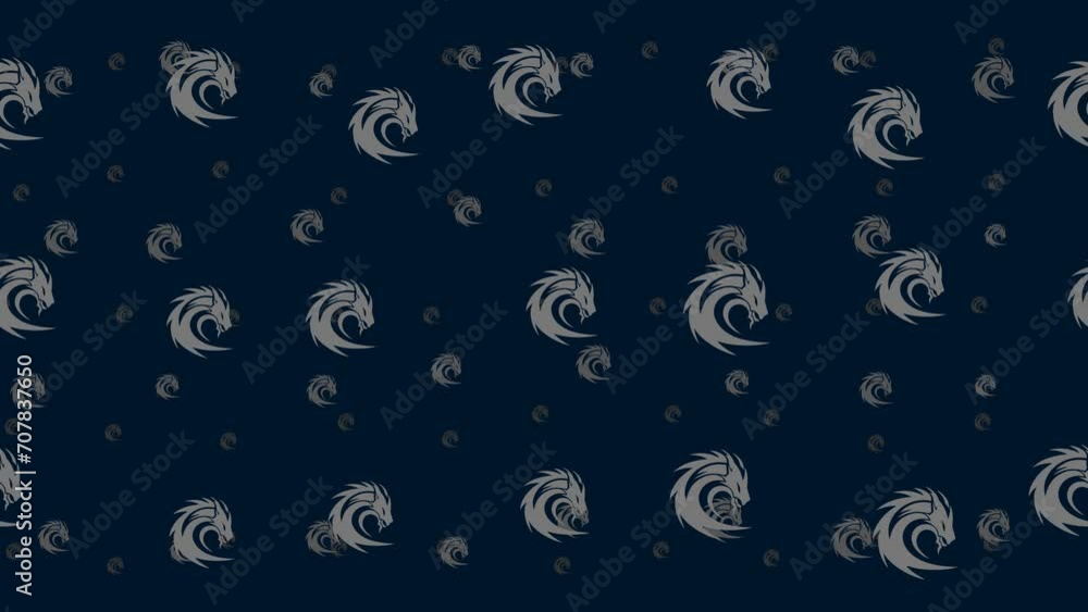 Poster dragon's head symbols float horizontally from left to right. parallax fly effect. floating symbols a