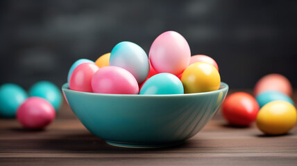 Fototapeta na wymiar Easter eggs in a bowl with copy space. Generative AI