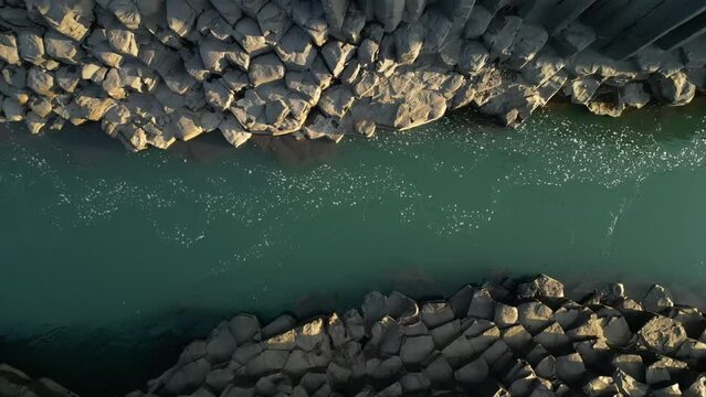Aerial video of the dramatic basalt pillared Studlagil Canyon 