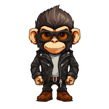 Monkey biker dressed, glasses, Black Leather Jacket, Ripped Jeans, with Cool Pose. illustration isolated on transparent background for poster, t-shirt print bike club