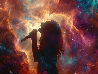 Mujer en el espacio cantando dentro de una nebulosa, espacio, estrellas, fuego, iluminación cinematográfica. - obrazy, fototapety, plakaty