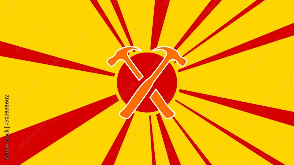 Poster crossed hammers symbol on the background of animation from moving rays of the sun. large orange symb