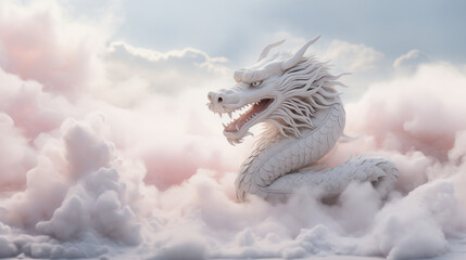 White dragon on clouds in the style of hyperrealistic  dreamy compositions