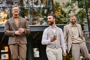 cheerful elegant business leaders with glasses in fashionable attires discussing their startup