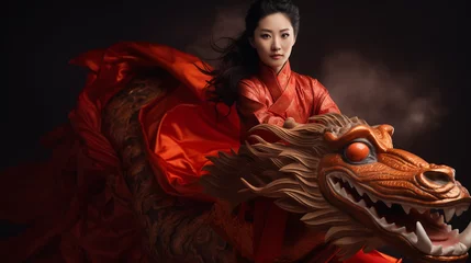 Fotobehang Portrait of beautiful Chinese woman in the red dress riding chinese dragon on dark background. © VesnAI