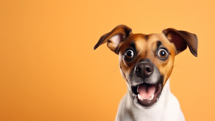 Closeup of shocked dog on orange background with copy space