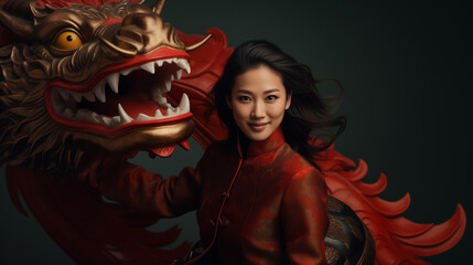 Portrait of beautiful Chinese woman with chinese dragon sculpture.  Red and gold. 